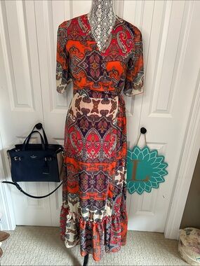 Vibrant Boho "Find" Paisley Wrap Maxi Dress - Orange & Purple